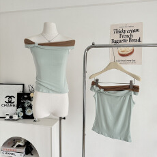 批发谢不肉 撞色<b class='q'>一字肩</b>蝴蝶结短袖T恤女春季韩系收腰修身显瘦百搭上衣