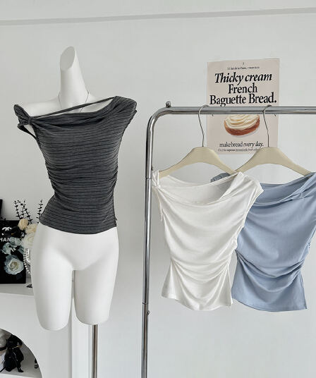 jmshop 심장 마비 커브 비스듬한 어깨 칼라 깨진 Pleat 허리 수축 트임 반팔 티셔츠 여름 몸매 가꾸기 다용도