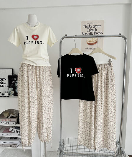 ashenonline ilovepoppies 오리지널 둘 색상 프린트 반팔 하트 강아지 레트로 워싱 티셔츠