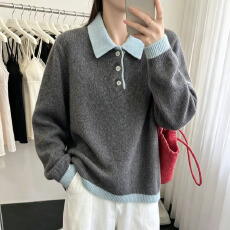 批发韩系简约百搭半纽扣拼色polo领长袖针织毛衣女<b class='q'>秋</b>宽松显瘦休闲上衣