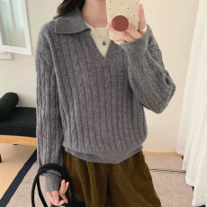 批发复古假两件拼接<b class='q'>衬衫</b>领针织衫女秋冬新款绞<b class='q'>花</b>毛衣长袖打底上衣