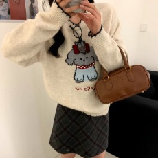 批发韩版<b class='q'>可爱</b>卡通小狗提花边圆领长袖宽松毛衣 减龄温柔百搭