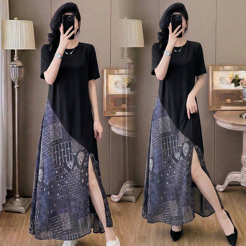 RY1607# 2026夏季新款法式轻奢时尚高端印花拼接名族风中长款显瘦连衣裙女