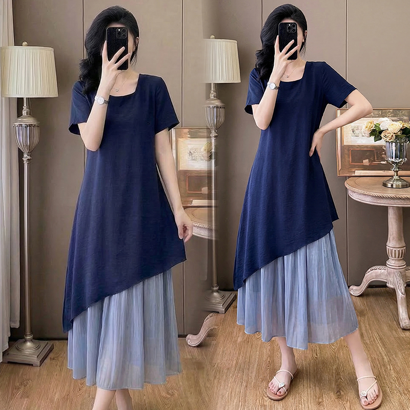 RY1606# 2026夏季新款法式高级感时尚拼接假两件显瘦中长款连衣裙女