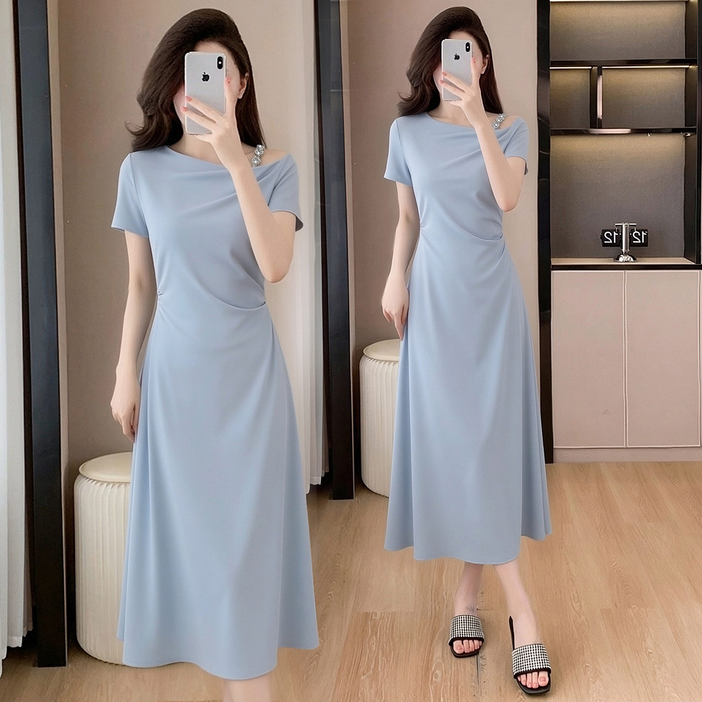 RY7008# 2026夏季新款高端洋气设计感一字肩显瘦时尚中长款连衣裙女