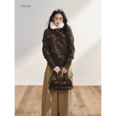 批发7Shiftin 原创设计高级感复古休闲<b class='q'>修身</b>显瘦时尚棕色呢子外套上衣