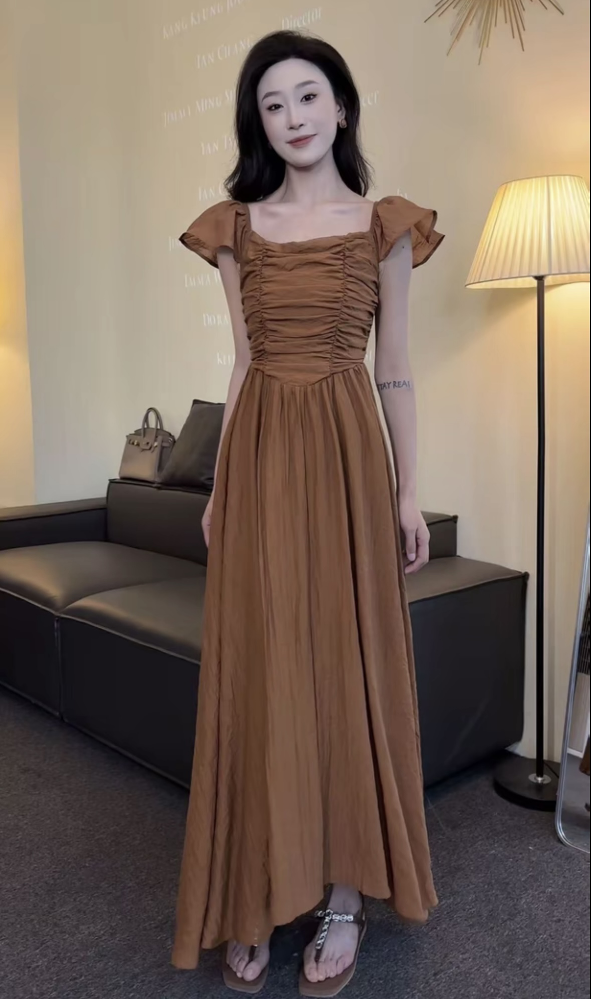 法式宫廷风泡泡袖一字肩两穿连衣裙女高腰褶皱气质大摆a字长裙子