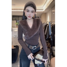批发纯欲风辣妹毛领长袖<b class='q'>T</b><b class='q'>恤</b><b class='q'>女</b>秋冬季设计感小众修身显瘦内搭打底上衣