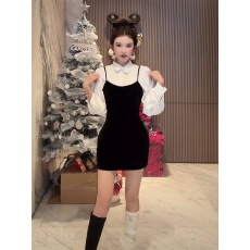 批发媛媛【独属于你】法式千金感灯笼袖衬衫女新款丝绒吊带裙两件套