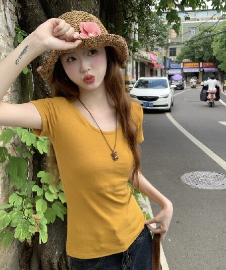 대나무 마디 양모 u 칼라 긍정적 인 어깨 반팔 티셔츠 여성 여름 몸매 가꾸기 슬림해 보이는 핫걸 패션 다용도 단색 빅 사이즈 맨위