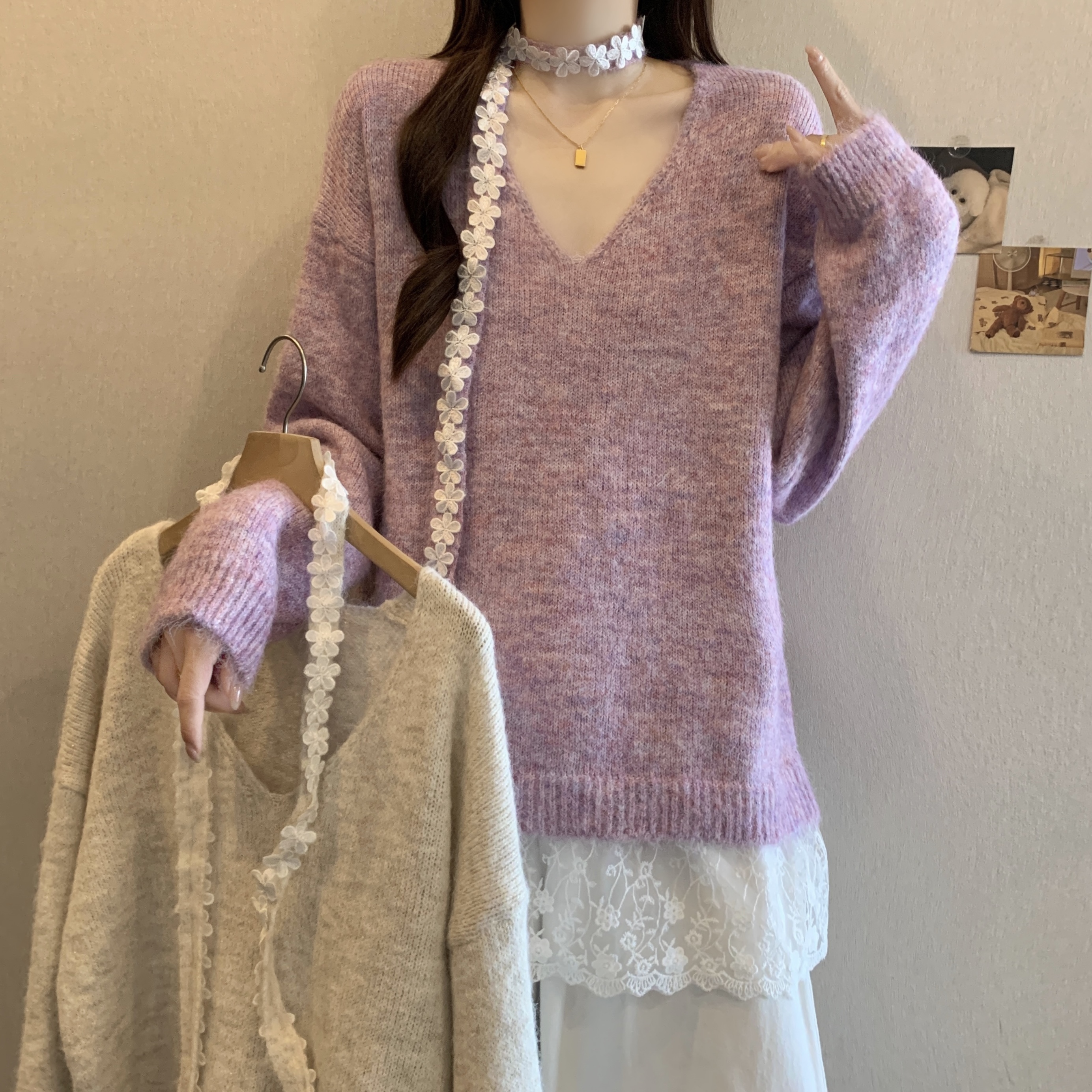 MY14280# 温柔韩版宽松蕾丝拼接V领毛衣慵懒高级感内搭针织上衣女裝貨...