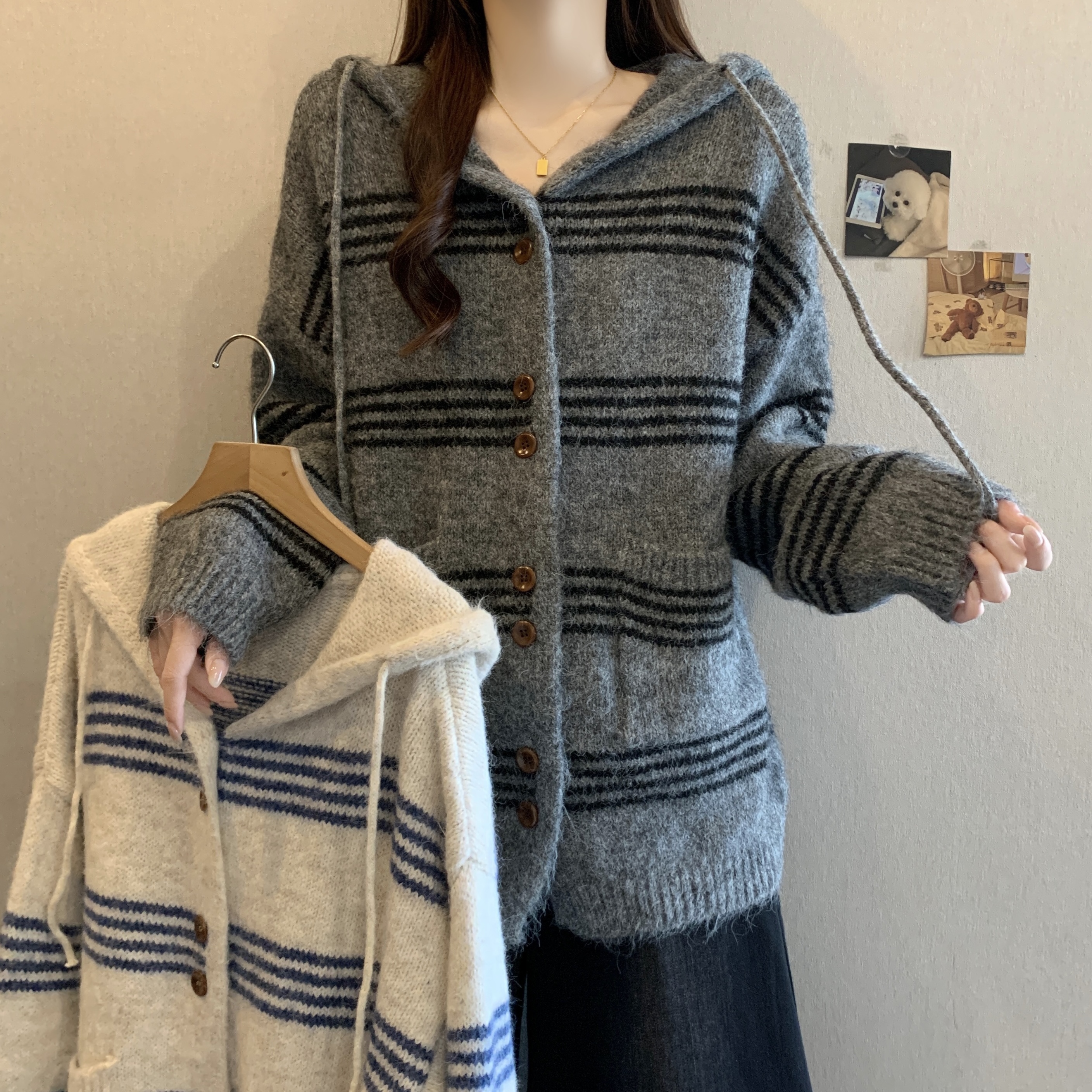 MY14278# 学院风韩系慵懒设计感毛衣外套条纹连帽长袖针织上衣女裝貨源...