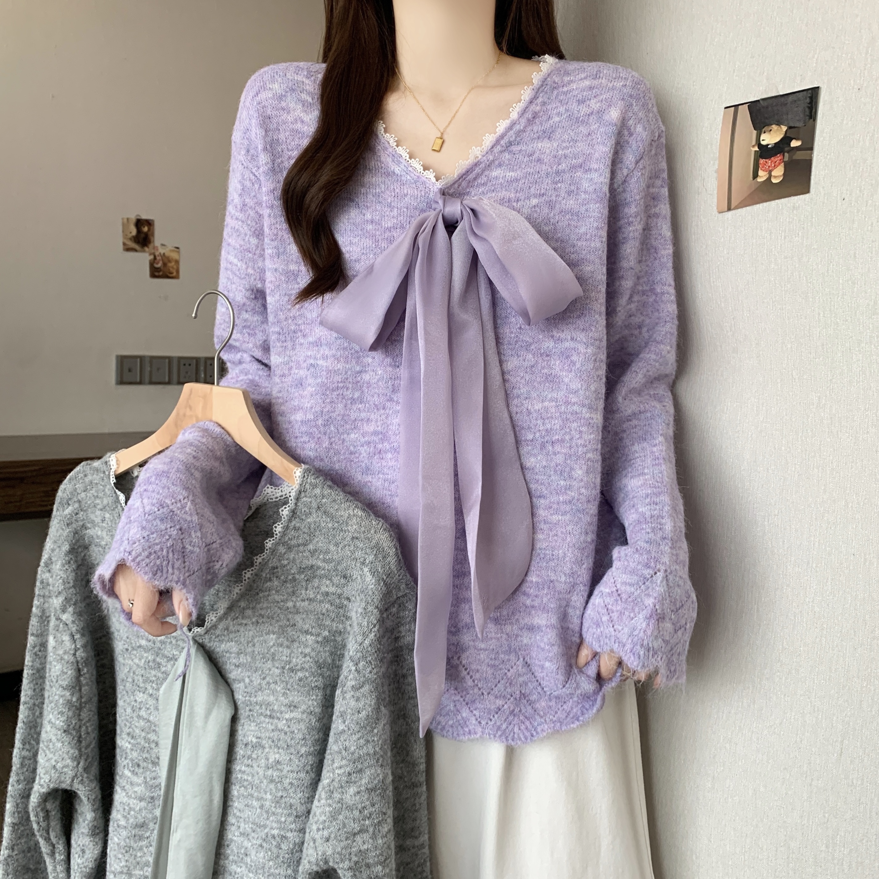 MY14277# 甜美紫色蕾丝花边V领针织衫高级感法式蝴蝶结毛衣上衣女裝貨...