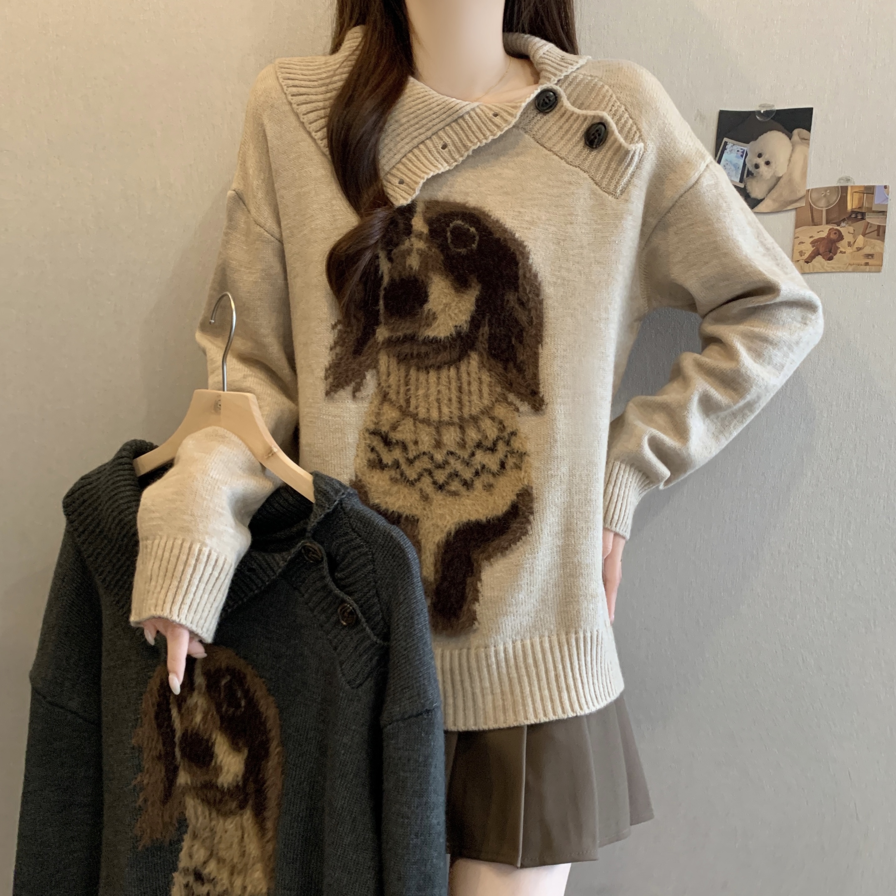 MY14276# 高级感韩系小狗翻领套头毛衣复古宽松慵懒风外穿针织上衣女裝...