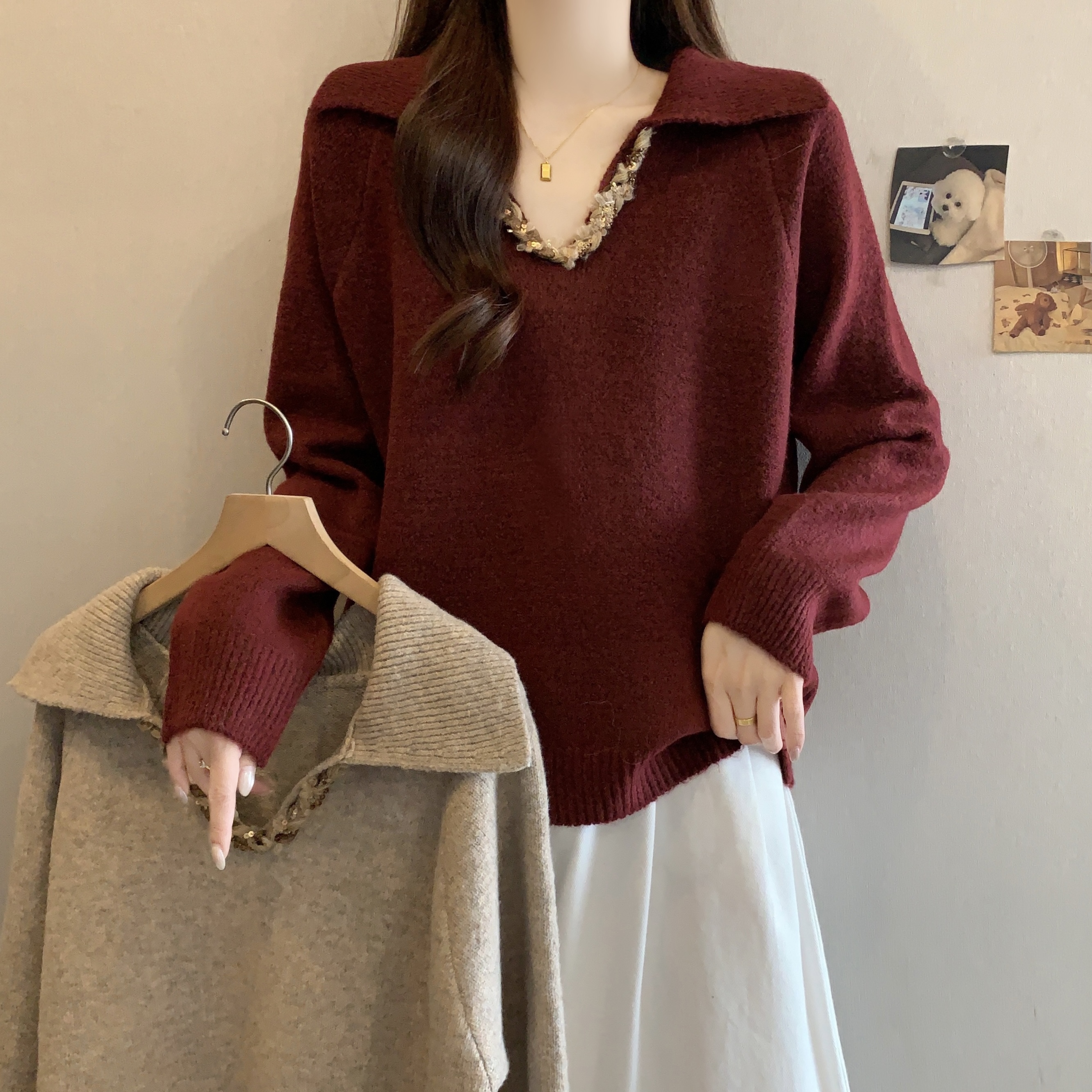 MY14275# 法式慵懒风设计感重工编织翻领V领宽松针织套头毛衣女裝貨源...