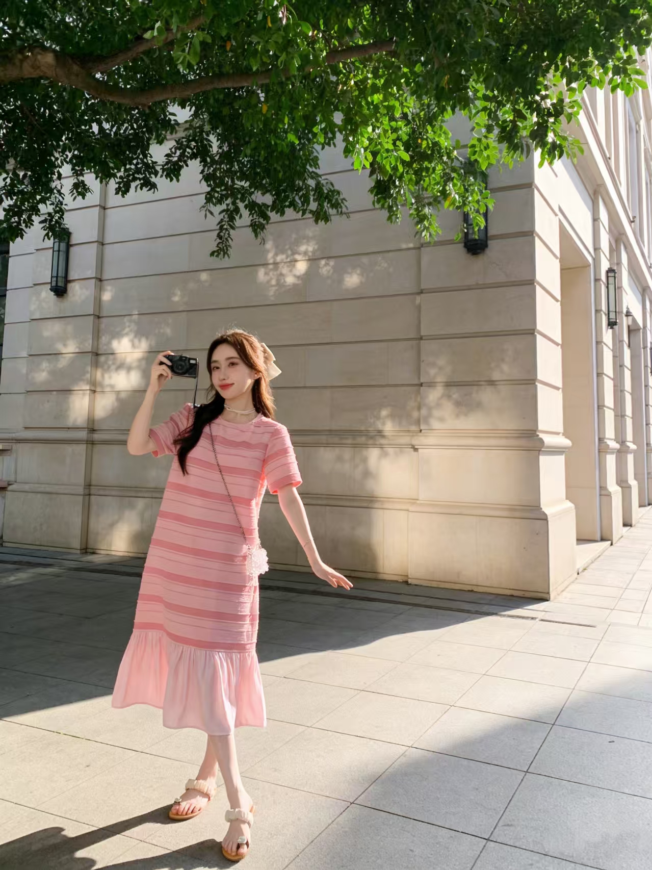 달콤함 연령 감소 쉬폰 롱 스커트 캐주얼 스트라이프 패치워크 여름 루즈핏 슬림해 보이는 핑크색 빅 사이즈 드레스