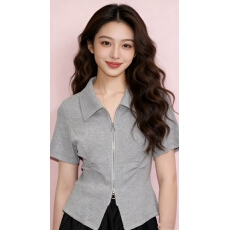 批发2026夏季新款灰色polo领双拉链正肩短袖t恤修身收腰大码女装上衣