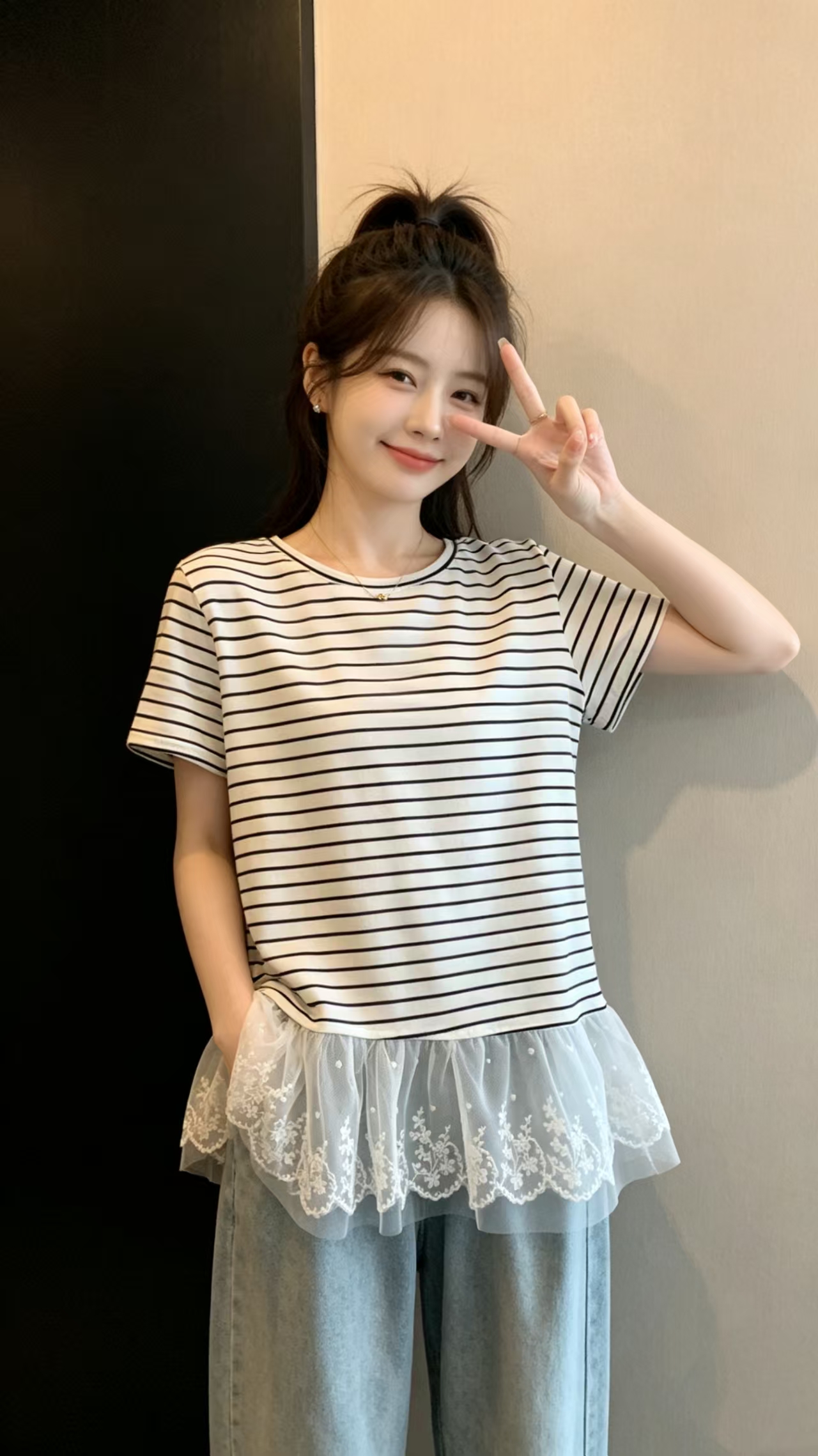 달콤함 레이스 레이스 밑단 스트라이프 긍정적 인 어깨 반팔 티셔츠 2026 여름 새로운 빅 사이즈 지방 mm 연령 감소 맨위