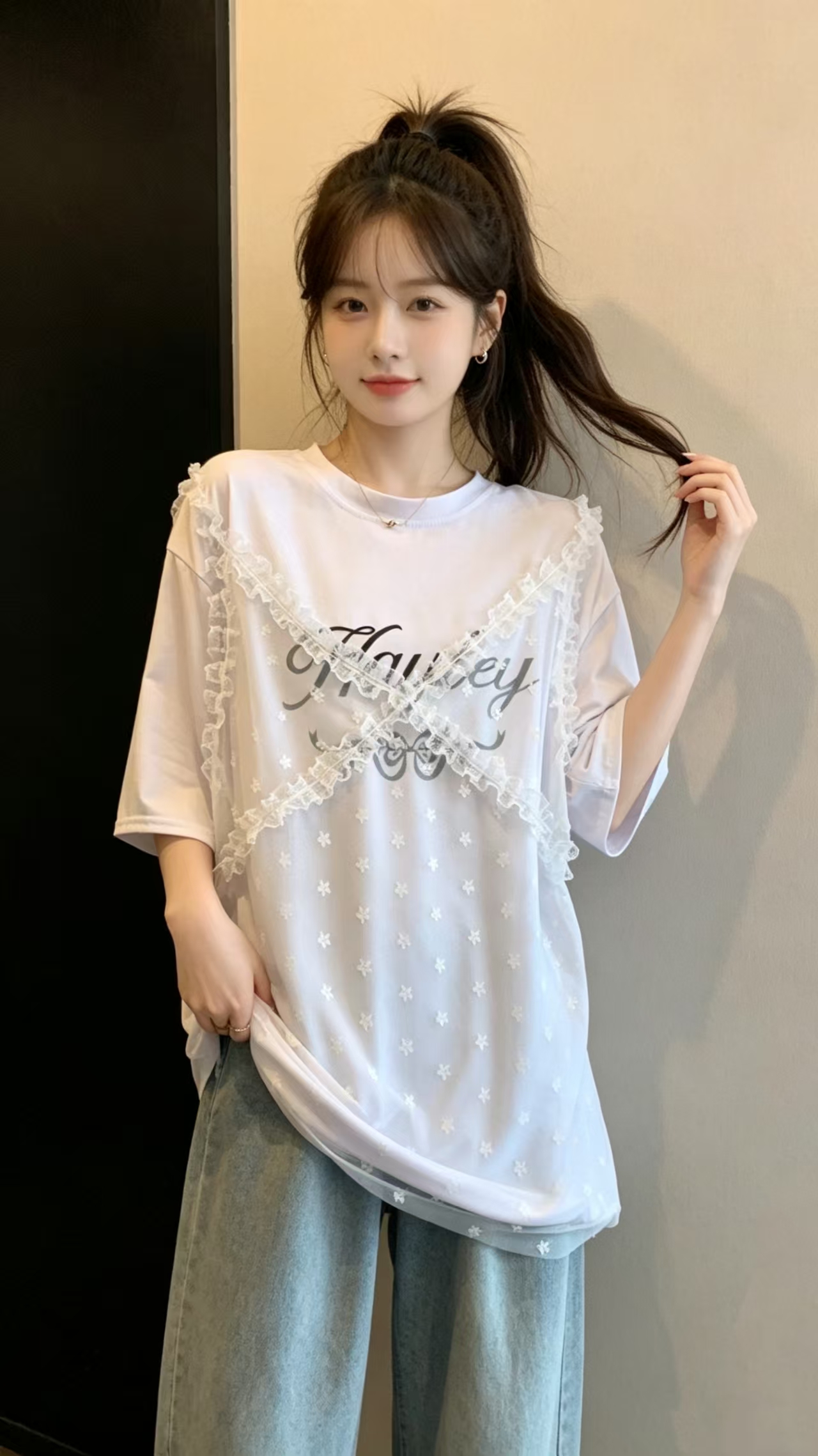 레이스 조각 알파벳 프린트 페이크 레이어드 티셔츠 여름 새로운 루즈핏 캐주얼 다용도 연령 감소 빅 사이즈 맨위