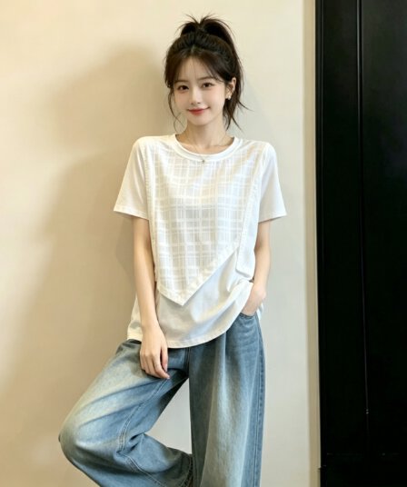 새로운 지방 mm 한국 스타일 부드러운 바람 연령 감소 긍정적 인 어깨 반팔 셔츠 페이크 레이어드 패치워크 슬림해 보이는 빅 사이즈 맨위