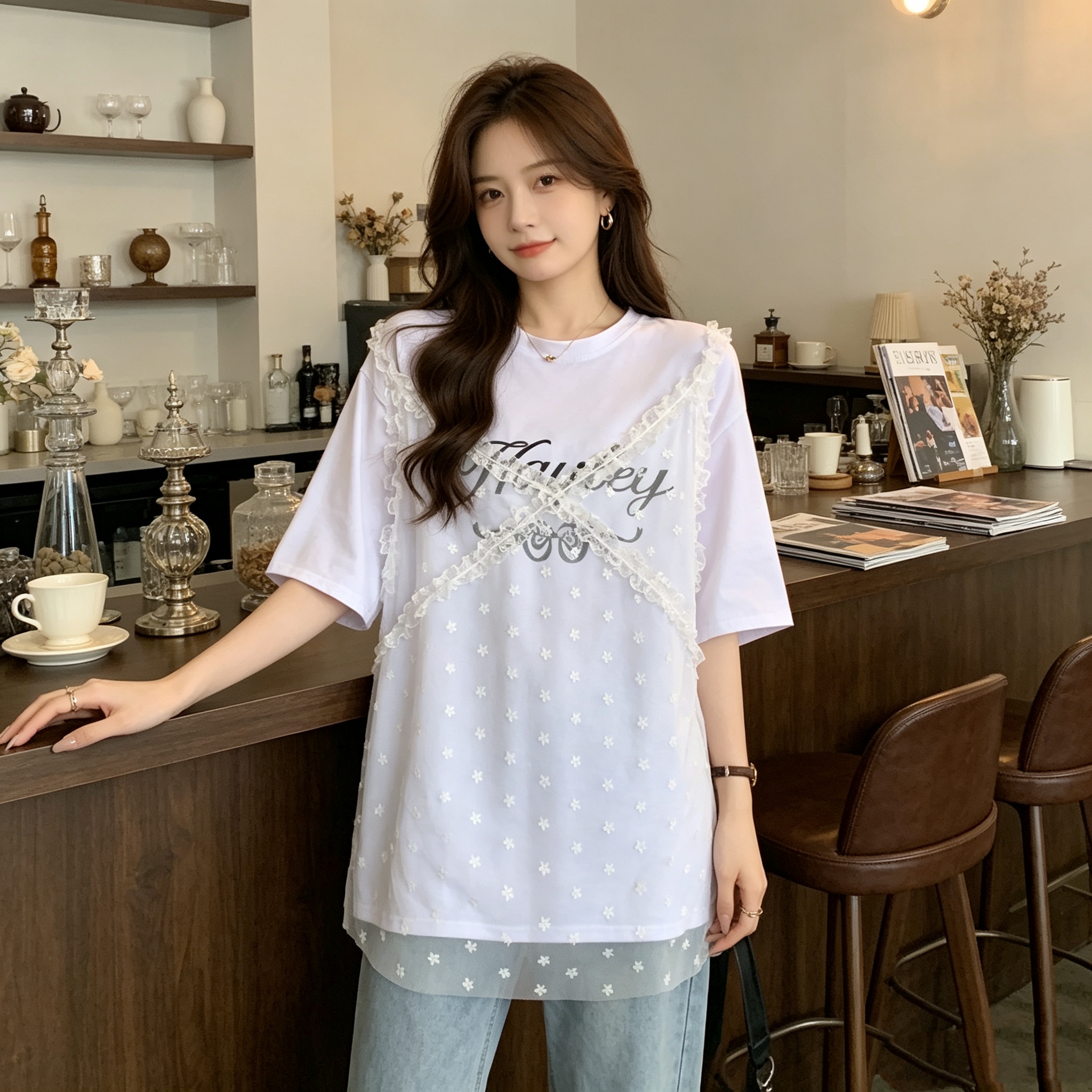 레이스 조각 알파벳 프린트 페이크 레이어드 티셔츠 여름 새로운 루즈핏 캐주얼 다용도 연령 감소 빅 사이즈 맨위