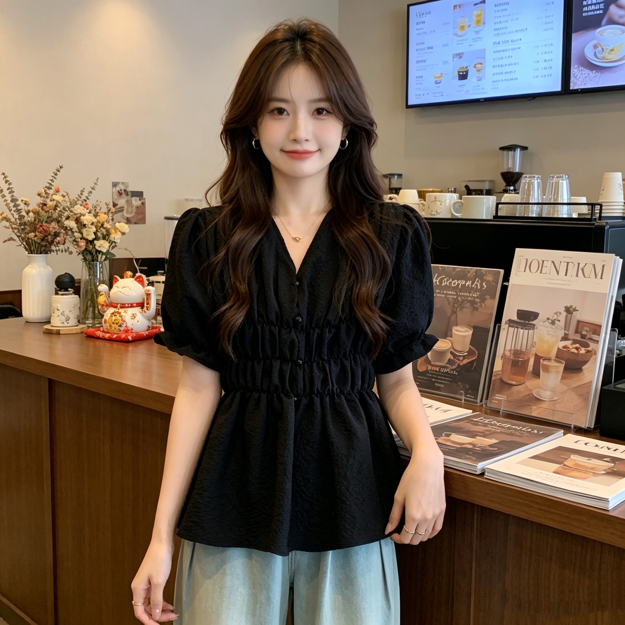 빅 사이즈 여성 의류 2026 여름 주름 허리 수축 반팔 여성 셔츠 프랑스식 V넥 작은 셔츠 몸매 가꾸기 슬림해 보이는 Chic