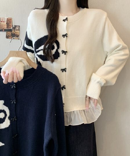 패션 연령 감소 프랑스식 라운드 넥 나비 매듭 프릴 패치워크 긴팔 니트 오픈 가디건 지방 mm 디자인 센스 맨위