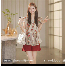 批发热带雨林【Shaw Eleven】2025夏法式印花度假宽松木耳边上衣26102