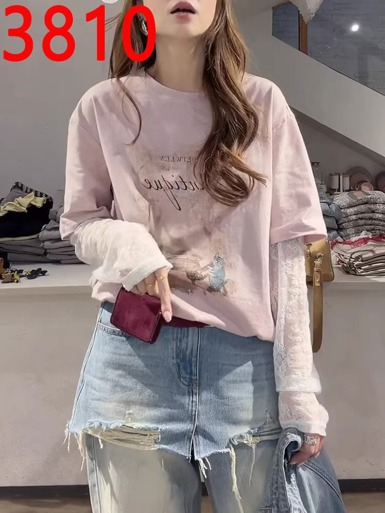 레이스 조각 페이크 레이어드 프린트 긴팔 티셔츠 여성 2026 봄 새로운 블라우스 캐주얼 다용도 라운드 넥 맨위