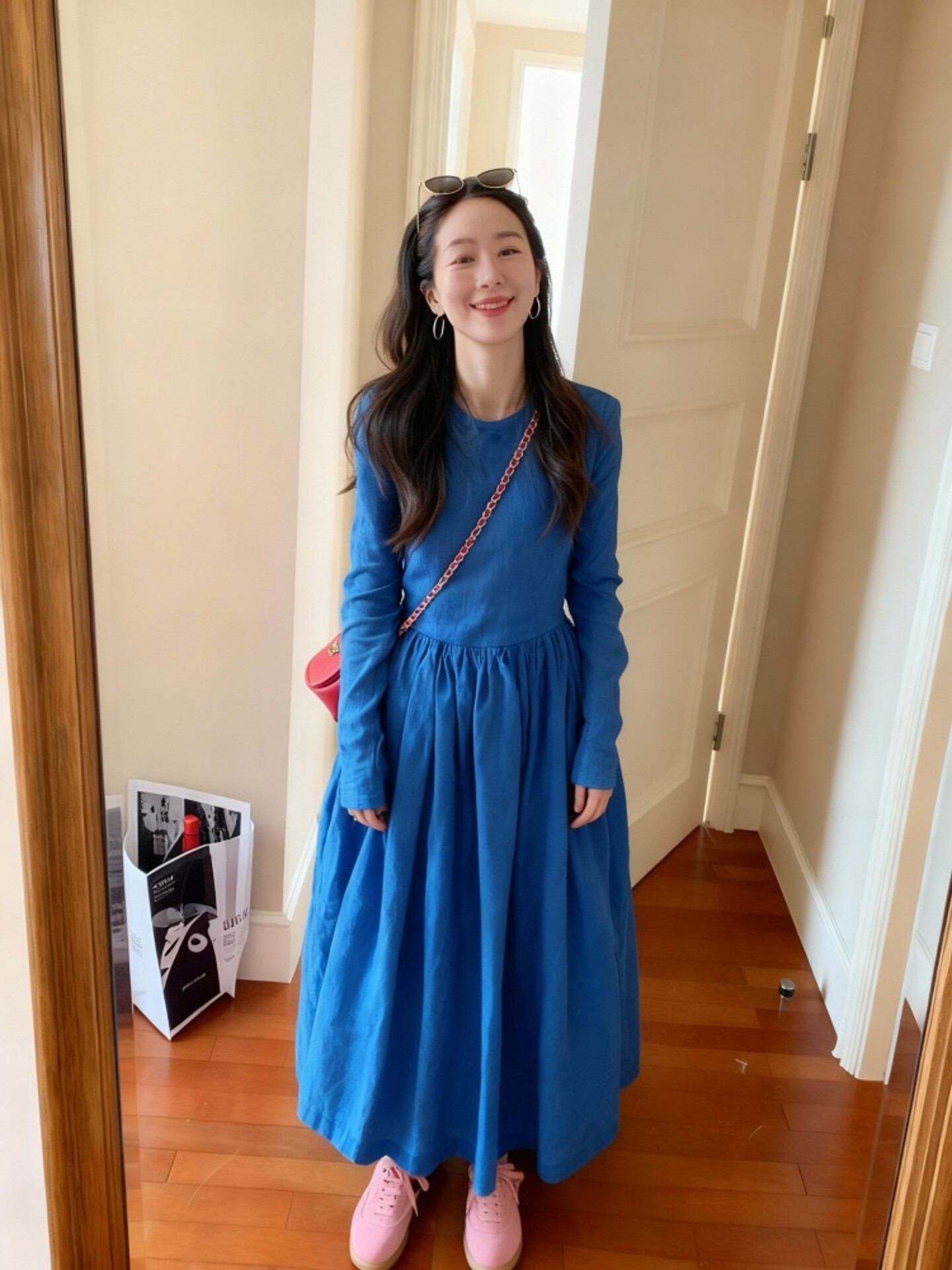 중요 경우 아름다운 프랑스식 사소한 파란색 면 린넨 드레스 프랑스식 부유 한 가족 천 골드 센스 착용 가져 가라. 롱 스커트