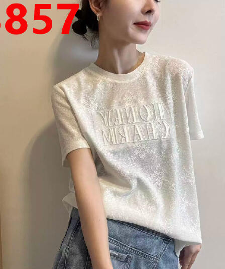 한 부서 무거운 작업 자수 반팔 티셔츠 여성 긍정적 인 어깨 라운드 넥 여름 캐주얼 표지 배 루즈핏 인사이드 가져 가라. 아름다운 맨위