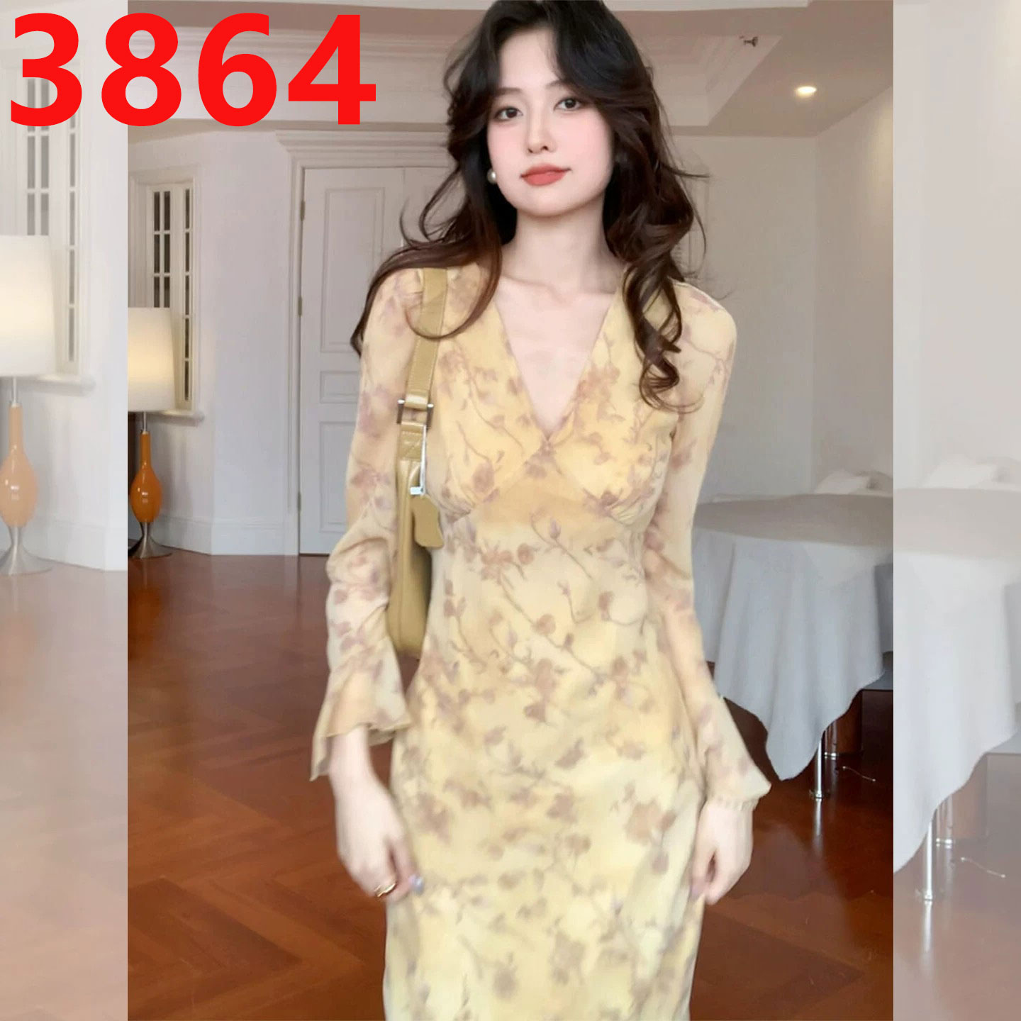 차 휴식 프랑스식 부드러운 품격 V넥 꽃무늬 드레스 여성 의류 레이스업 허리 수축 나팔 소매 아름다운 아름다운 롱 스커트