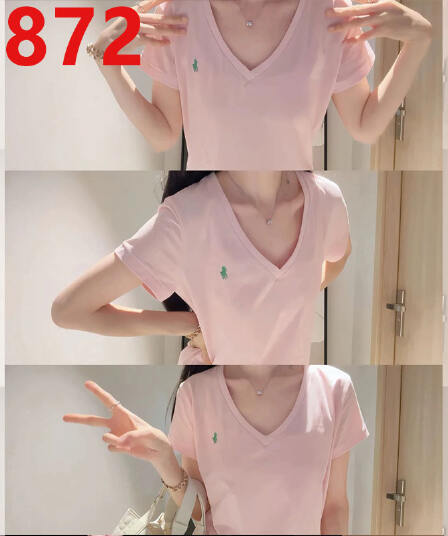 여름 작은 말 자수 핑크색 V넥 반팔 티셔츠 여성 긍정적 인 어깨 슬림해 보이는 고급 센스 캐주얼 다용도 품격 맨위