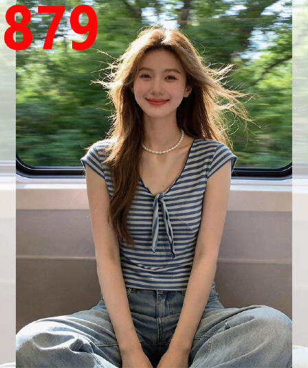 한 부서 파란색 스트라이프 V넥 Feifei 소매 반팔 티셔츠 여성 여름 작은 키 튀김 거리 고유 한 아름다운 쇼트 스타일 맨위