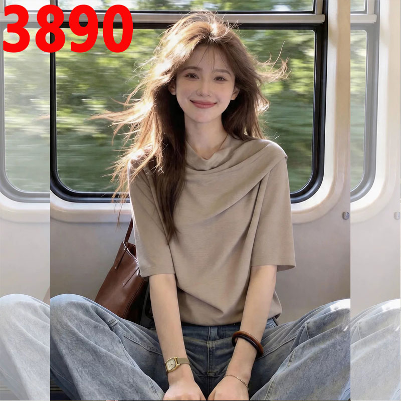 프랑스식 빛 요리 한 흔들다 칼라 반팔 티셔츠 여성 슬림해 보이는 표지 배 연령 감소 외국 가스 주름 루즈핏 다용도 여름 드레스 맨위