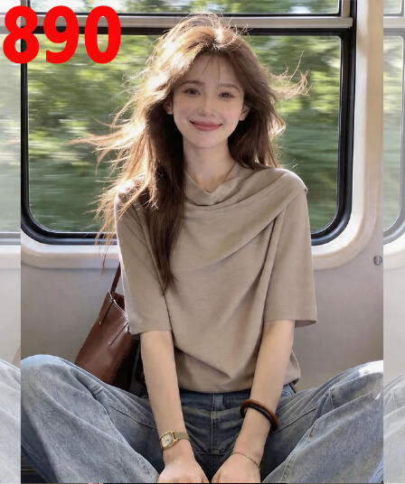 프랑스식 빛 요리 한 흔들다 칼라 반팔 티셔츠 여성 슬림해 보이는 표지 배 연령 감소 외국 가스 주름 루즈핏 다용도 여름 드레스 맨위