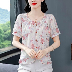 批发百搭夏季新款圆领印花雪纺<b class='q'>短袖</b><b class='q'>衬衫</b>洋气减龄短款漂亮上衣