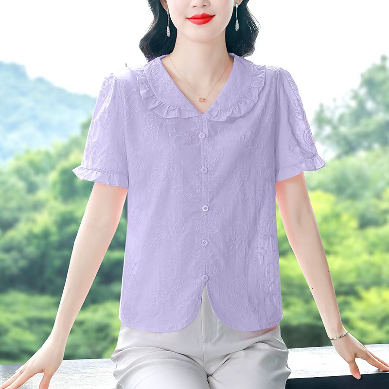 여름 새로운 베이비 칼라 여성 의류 반팔 레이스 자수 높은 품질 면 슬림해 보이는 편안함 다용도 작은 셔츠