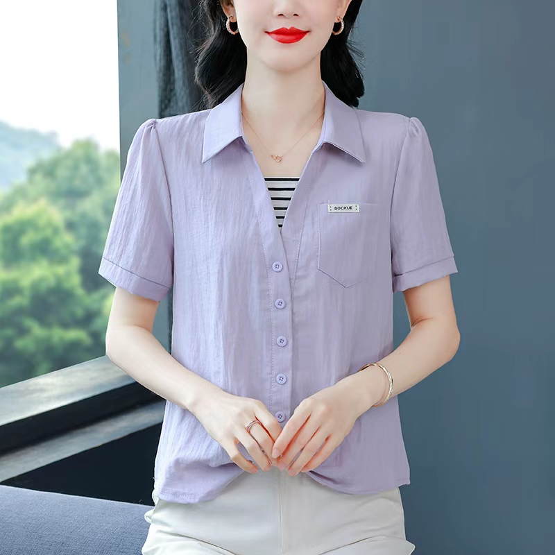 패션 가짜 2 피스 슈트 셔츠 소녀 여름 새로운 외국 가스 연령 감소 루즈핏 슬림해 보이는 패치워크 스트라이프 다용도 맨위