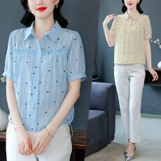批发高级感翻脸衬衫条纹波点女士夏装新款短袖<b class='q'>雪纺</b>减龄百搭气质小衫