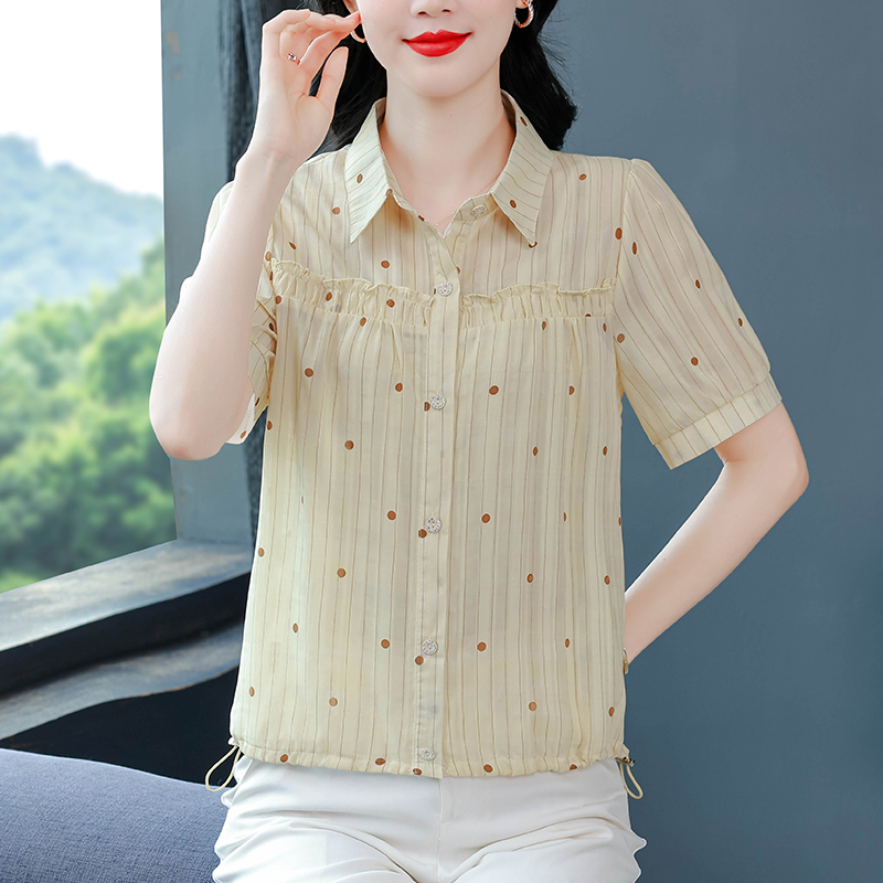 고급 센스 폴로 칼라 셔츠 스트라이프 도트 무늬 여성 여름 드레스 새로운 반팔 쉬폰 연령 감소 다용도 품격 작은 셔츠