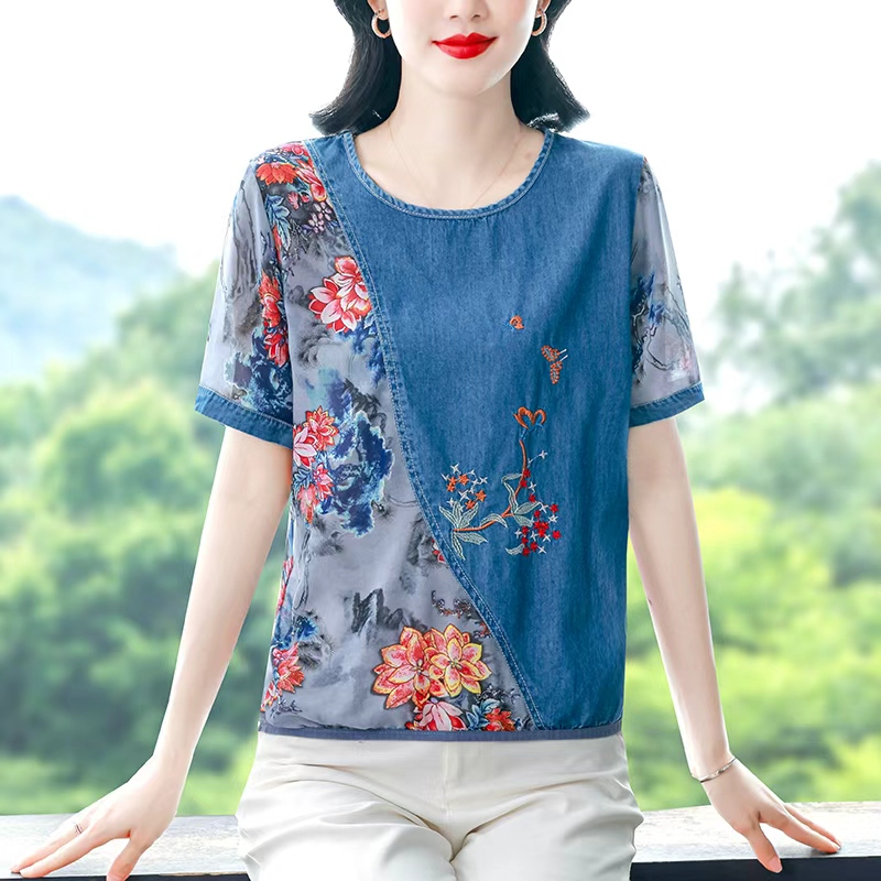 새로운 데님 패치워크 쉬폰 블라우스 반팔 여름 표지 배 슬림해 보이는 아름다운 패션 엄마 여성 작은 셔츠