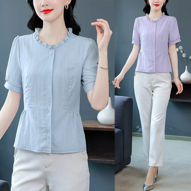 패션 면 린넨 반팔 맨위 중년 엄마 연령 감소 작은 셔츠 여름 새로운 레이스 칼라 다용도 쇼트 스타일 맨위