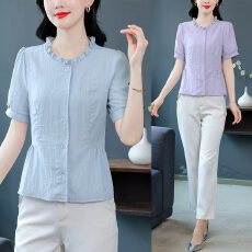 批发时尚棉麻短袖上衣中年<b class='q'>妈妈</b>减龄小衫夏季新款花边领百搭短款上衣