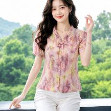 批发夏季新款洋气碎花雪纺衬衫女士短袖高级感漂亮遮肚子显瘦百搭小衫