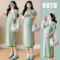 实拍#孕妇连衣裙夏季2026新款小清新条纹短袖娃娃领宽松冰丝裙子