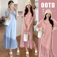 批发实拍#<b class='q'>孕妇</b><b class='q'>连衣裙</b>夏装2026新款时尚小清新贝壳扣拼接雪纺潮妈长裙