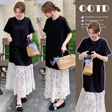 批发新款#孕妇连衣裙<b class='q'>夏</b>装2026新款韩系高级感小黑裙拼接蕾丝孕期长裙