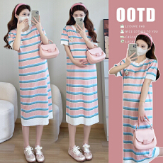 批发实拍#孕妇连衣裙夏季2026新款时尚彩色条纹花朵透气短袖冰丝裙子