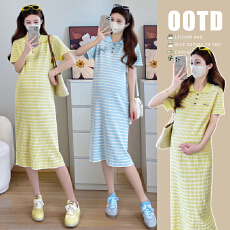 批发实拍#孕妇连衣裙夏装2026新款时尚撞色条纹短袖polo领菱格针织裙